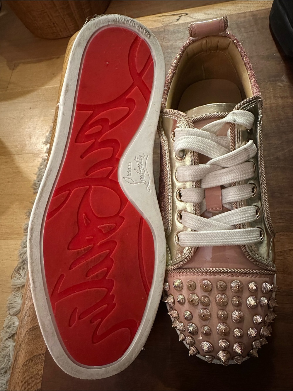 Great Fake. Christian Louboutin Pink and Gold Spiked Low-Top Sneakers size 37